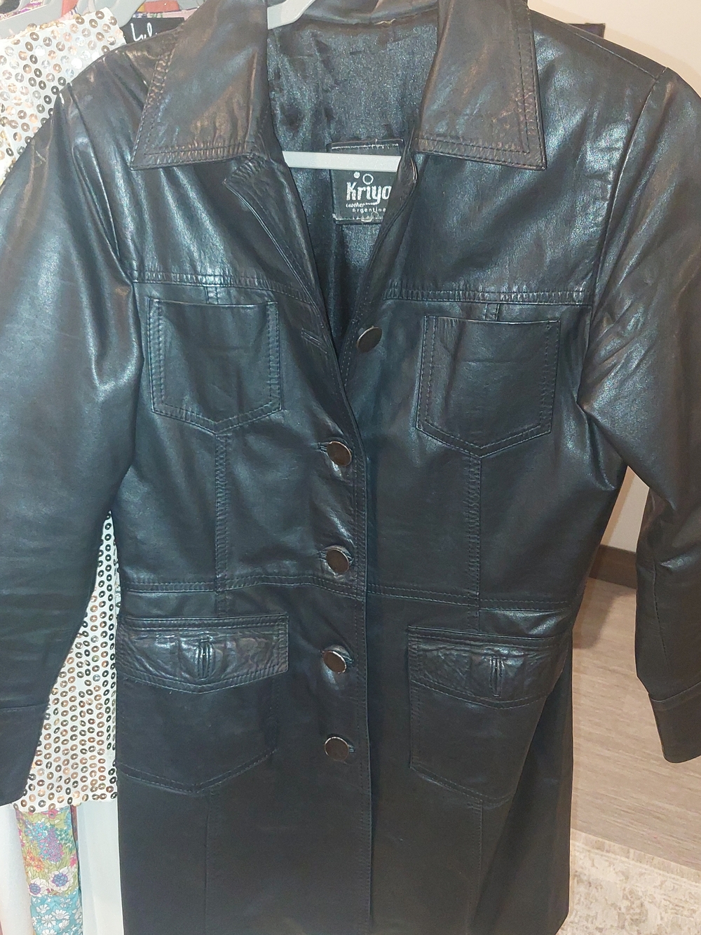 Black Leather Button-Front Women's Jacket with Pocket Detail